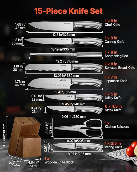 VEVOR Kitchen Knife Set with Block and Sharpener, 15 Piece German High Carbon Stainless Steel Sharp Knife Set, Kitchen Cutlery with Ergonomic Handle, Sharpening Rod and Wooden Block, for Home Cooks