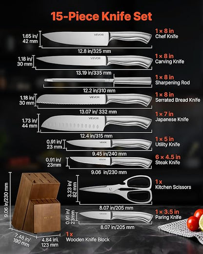 VEVOR Kitchen Knife Set with Block and Sharpener, 15 Piece German High Carbon Stainless Steel Sharp Knife Set, Kitchen Cutlery with Ergonomic Handle, Sharpening Rod and Wooden Block, for Home Cooks