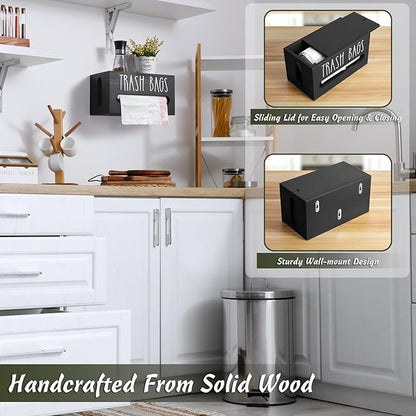 DRASTAR Trash Bag Dispenser, Trash Bag Holder Wall Mount, Wooden Trash Bag Holder for 4-8-gallon Trash Bags Roll Holder Countertop, Home Decor Under Kitchen Sink Organization