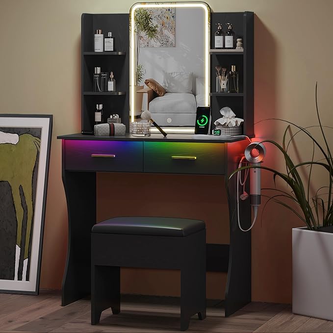 Small Vanity Desk with Mirror and Lights, Makeup Vanity with LED Lights, Black Vanity Mirror with Lighted Desk and Chair, 3 Lighting Adjustable Compact Dressing Table with Mirror for Women, Girls