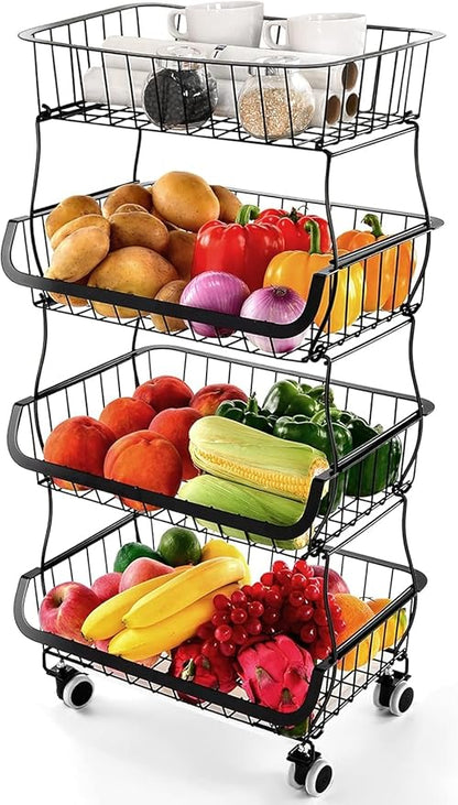 Fruit Vegetable Storage Basket, 4 Tier Stackable Metal Wire Storage Baskets with Wheels, Fruit Vegetable Produce Basket Organizer Bins for Kitchen, Pantry, Bathroom