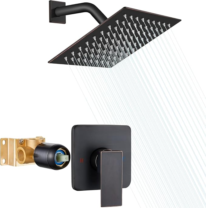 Heyalan Shower Faucet Set with Valve, Bathroom Rainfall Shower System, Wall Mount Single Handle Shower Trim Kit, Rainfall Fixed Shower Head, 8 Inch Square Shower Head,Oil Rubbed Bronze