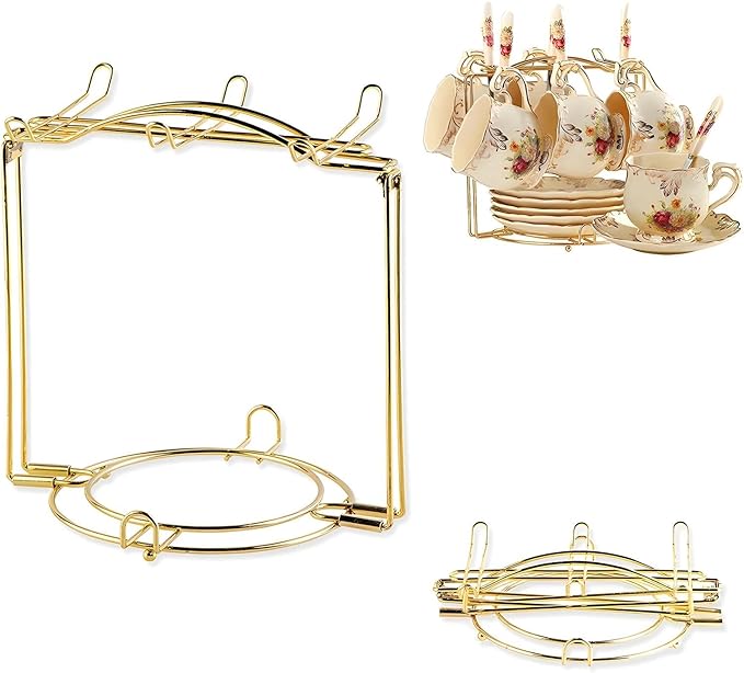 YOLIFE Tea Cup Holder for Countertop, Gold Metal Cup and Saucer Display Stand, Foldable Tea Station Organizer, Espresso Coffee Cups Rack for Home or Bar Decor