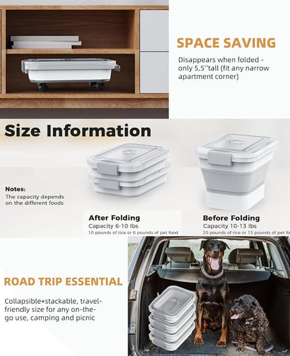 10-13 Lbs Dog Food Storage Container,Collapsible Dog Food Container with Transparent Airtight Lid,Pet Food Scoop and Dog Bowl,Multifunctional Food Storage Container for Pet Food,Rice,Flour