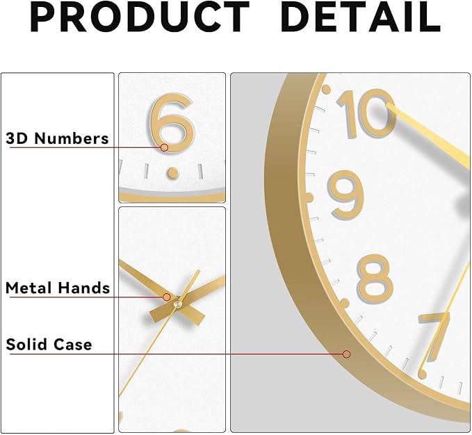 Roymnie Wall Clock 12 Inch Silent Wall Clocks Battery Operated-Modern Non Ticking Analog Clock Decorative for Kitchen Bedroom Office (White Gold)