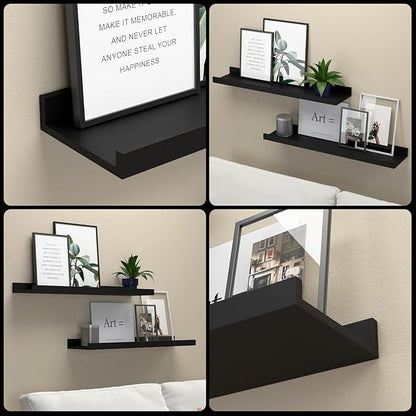 RICHER HOUSE 4 Set Floating Wall Mounted Shelves, Black Shelves for Wall Decor, Modern Picture Ledge Shelf with Lip for Storage, Nursery, Bedroom, Living Room, Bathroom - Black