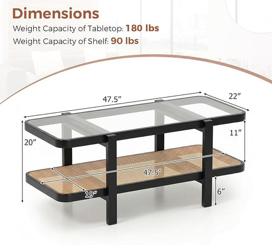 Giantex Rattan Coffee Table, 47.5" Rectangle Solid Wood Tea Table w/Tempered Glass Tabletop, Rattan Storage Shelf, 2-Tier Boho Coffee Tables, Farmhouse Center Table for Living Room (Black)