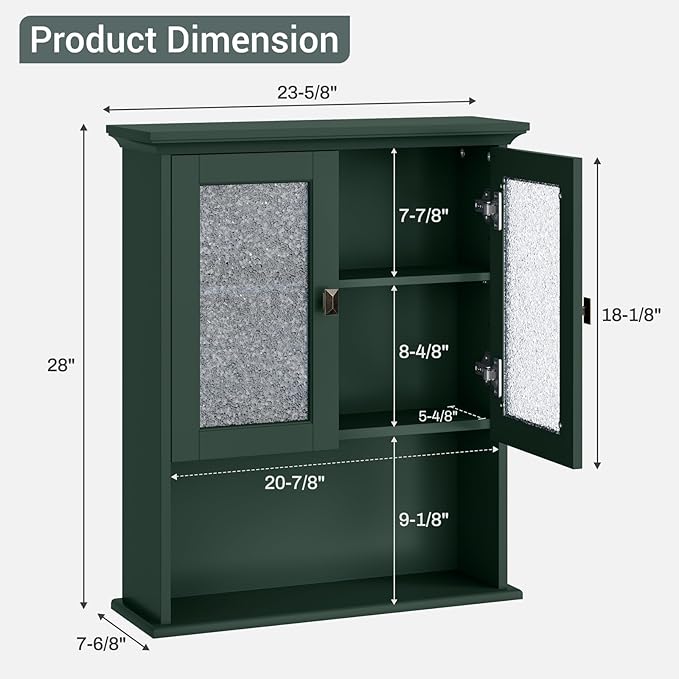 Medicine Cabinet Wall Mounted, Bathroom Storage Wall Cabinet with Tempered Glass Door Over Toilet Storage Cabinet Wall Mounted Organizer Above Toilet Storage Cabinet (Forest Green)