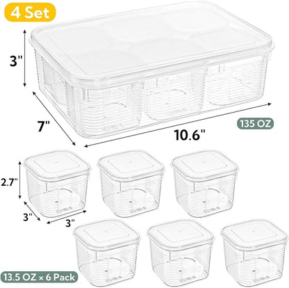 4 Pack Salad Bar Container for Fridge, Plastic Food Storage Organizer with Lid, Stackable Refrigerator Bins with 24 Individual Removal Boxes, Reusable Meal Prep Container for Fruit, Vegetable