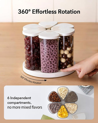 Ankou Rotating Food Storage Containers Set of 6, 23oz (690ml) Clear PET Jars with Dual Pour Lids, 360° Lazy Susan Pantry Organizer for Snacks, Cereal, Nuts, Oats & Dry Foods, Kitchen Grain Dispenser