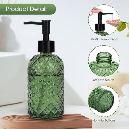Topsky Gem Glass Soap Dispenser with Black Plastic Pump, 13oz Liquid Hand Soap Dispenser, Rustproof Pump for Kitchen & Bathroom, Great for Lotions, Essential Oil, Liquid Soaps-Army Green