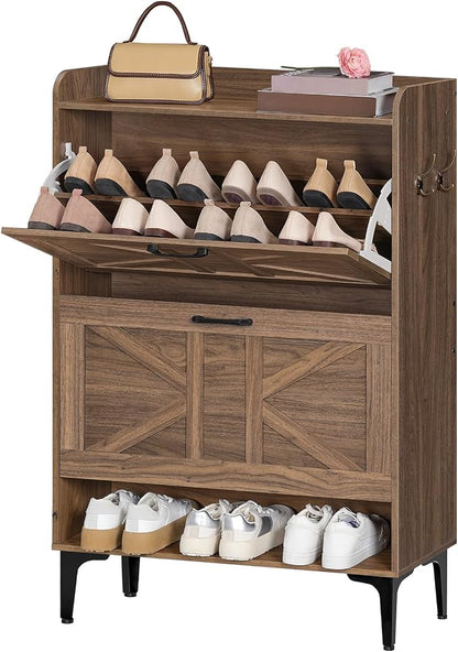 MAHANCRIS Shoe Storage Cabinet, Shoe Organizer with 2 Flip Drawers, Hidden Shoe Storage for Entryway, Freestanding Shoe Cabinet Organizer with Open Storages, Walnut SHWA9401