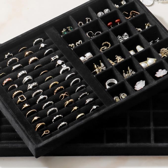 Large Velvet Jewelry Tray 2 Pack Stackable Jewelry Display Drawer Inserts Trays Organizer for Earring Bracelet Necklace Ring (Black, Ring and 24 Grids)