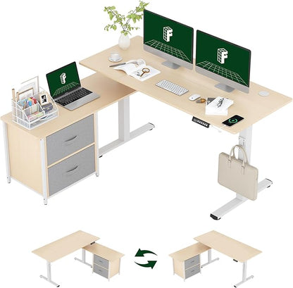 FLEXISPOT 55" L Shaped Standing Desk with Drawers and Shelves, Large Corner Stand Up Desk with Headphone Hooks for Home Office, Light Wood Grain Top+ White Frame