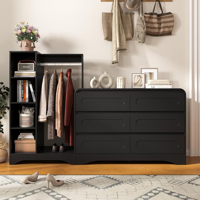 Dresser with Clothes Hanging Rack, Pre-Installed Slides for Fast Installation, 3-in-1 Wardrobe Closet with Drawers and Shoe Shelves, Modern Wood Storage Armoire for Bedroom, Black