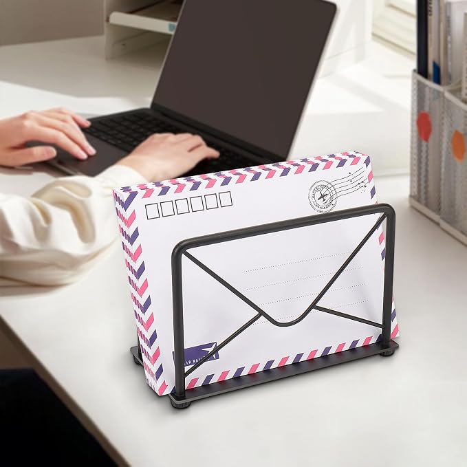 Modern Mail Holder for Home Office, Metal Letter Organizer Sorter for Desk, Cutout Mail Envelope Design, Bill Filling Paper Document Rack, Envelope Storage Rack with Metal Base