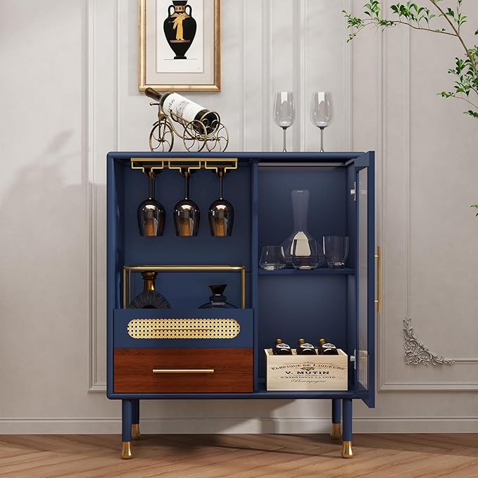 ARTPOWER Modern Coffee Bar Cabinet with Wine Glass Rack and Drawers, Blue Liquor Cabinet with Pull-Out Wine Storage for Kitchen, Dining Room, Living Room