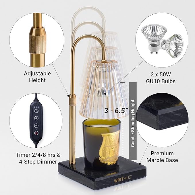 Candle Warmer Lamp with Dimmer & Timer- Wax Melt Warmer Fits All Candle Size - 2 Bulbs Included (Black Marble)