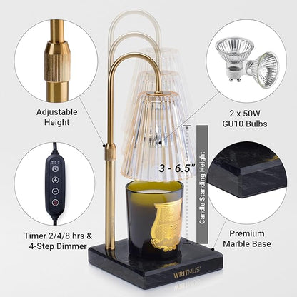Candle Warmer Lamp with Dimmer & Timer- Wax Melt Warmer Fits All Candle Size - 2 Bulbs Included (Black Marble)