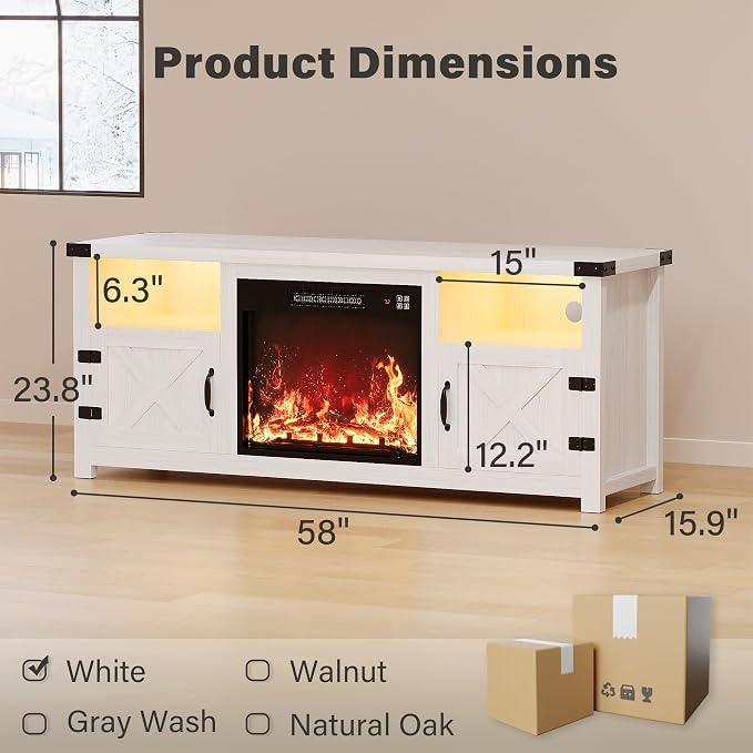 YESHOMY LED Fireplace TV Stand with Mood Lighting, TV Cabinet with Open Shelf, Farmhouse Media Console with Hidden Cable Routing, Entertainment Center for Televisions up to 65+ Inch, White
