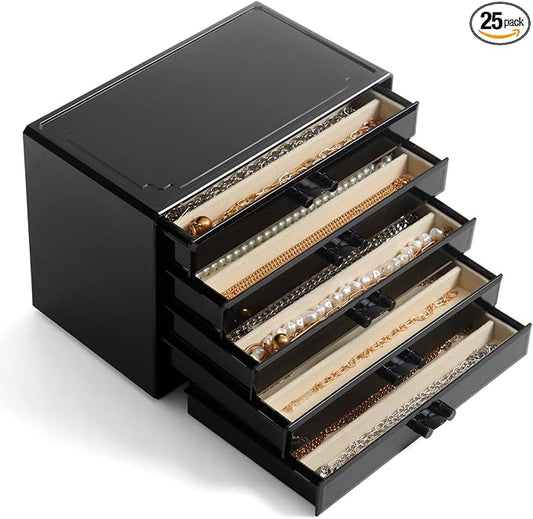 YUFONG Necklace Holder Organizer, Dustproof Necklace Box Velvet Necklace Organizer Box with Lid Clear Acrylic Dustproof Stackable Jewelry Displays for Necklaces Chain Display (Black Beige, 5 Drawer)