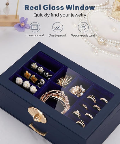 Jewelry Box with 1 Drawers: Display Organizer for Earrings Necklaces - Gifts for Girls Women (Dark Blue)