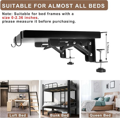 Foldable Bedside Shelf, Metal Clip On Bunk Bed Shelf for Top Bunk Heavy Duty Bed Side Table Tray for University Dorm Essentials, Loft Nightstand Organizer Tray with Removable Cup and Phone Holder