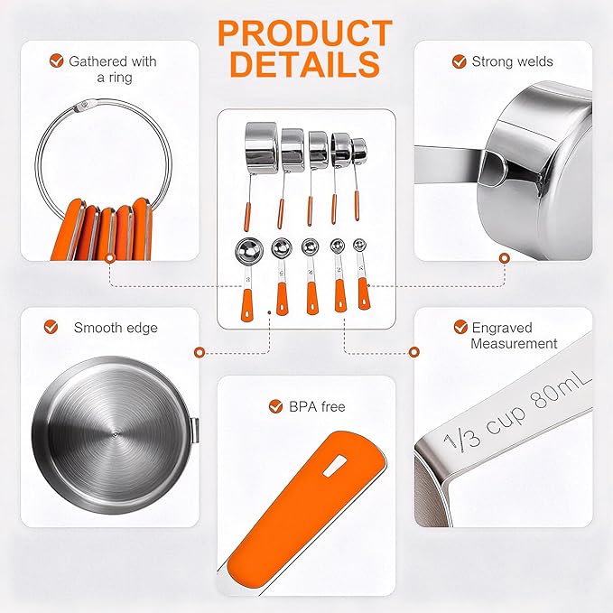 Measuring Cups and Spoons Set Stainless Steel 10 Piece for Cooking and Baking (5 Cups + 5 Spoons, Orange Handle)