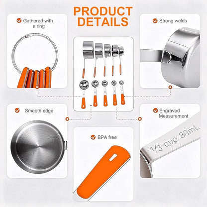 Measuring Cups and Spoons Set Stainless Steel 10 Piece for Cooking and Baking (5 Cups + 5 Spoons, Orange Handle)