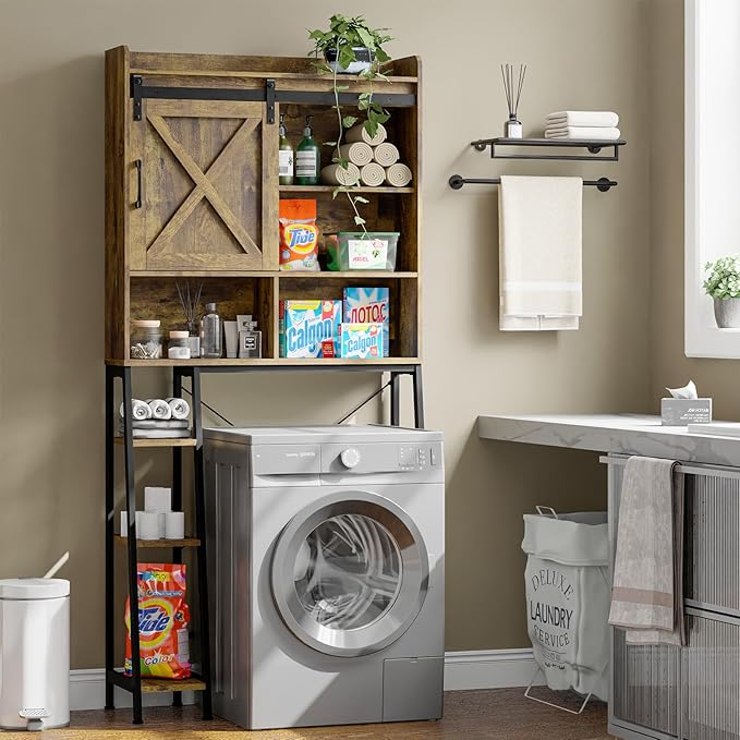 Farmhouse Storage Cabinet Over Toilet with Sliding Door & Toilet Paper Holder Stand, Space-Saving Bathroom Rack