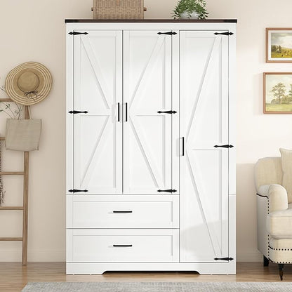 St.Mandyu Farmhouse Wardrobe Armoire Closet with 3 Doors and 2 Drawers, 70.1" Wooden Clothing Storage Cabinet, Freestanding Large Capacity Storage Wardrobe Armoire with Hanging Rod for Bedroom, White