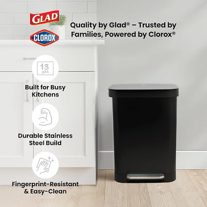 Glad Stainless Steel Step Trash Can, Series 2 with Clorox Protection - Large Black Kitchen Garbage Bin with Soft Close Lid, Foot Pedal and Waste Bag Roll Holder, 13 Gallon