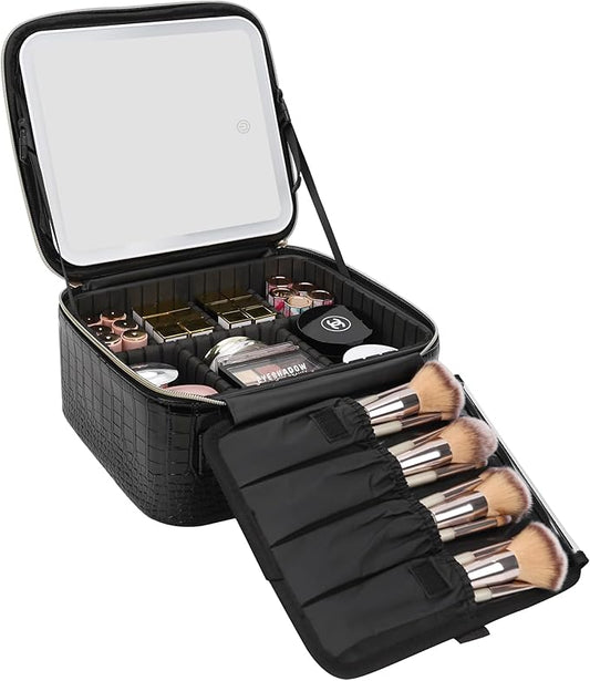 Relavel Makeup Train Case With LED Mirror, Professional Travel Cosmetic Bag with Removable Partitions,Compact Makeup Organizer, Waterproof Toiletry Case for Women, Black