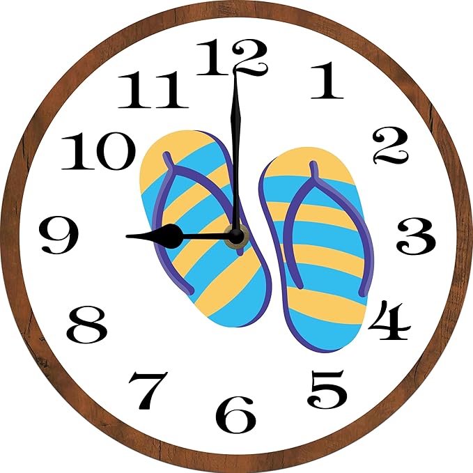 Summer Flip Flops Wall Clock 10 Inch Wooden Battery Operated Autumn Forest Maple Leaves Wall Clocks Decorative Indoor,Decorative for Kitchen Bathroom Bedroom