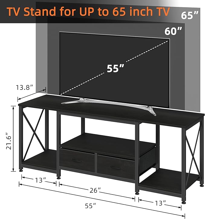 GYIIYUO TV Stand with Fabric Drawers - Entertainment Center and Industrial TV Console Table with Open Storage Shelves for Living Room, Bedroom - 55.1" Black
