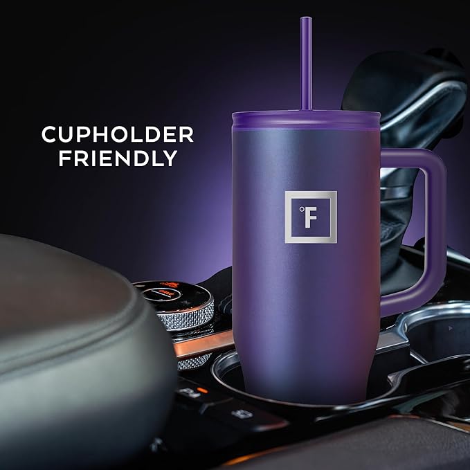 IRON °FLASK Co-Pilot Insulated Mug w/Straw & Flip Cap Lids - Cup Holder Bottle for Hot, Cold Drink - Leak-Proof- Water, Coffee Portable Travel Tumbler - Clementine, 40 Oz