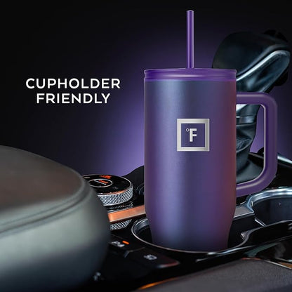 IRON °FLASK Co-Pilot Insulated Mug w/Straw & Flip Cap Lids - Cup Holder Bottle for Hot, Cold Drink - Leak-Proof - Water, Coffee Portable Travel Mug - Cashmere Cream, 40 Oz