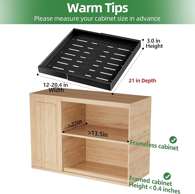 PAKETA 1 Pack Expandable Pull Out Cabinet Organizer, 21'' Deep Pull Out Drawers for Cabinets, Upgrade 3 Slide Rails Sliding Drawers for Cabinet with Adhesive Nano Film (Black)