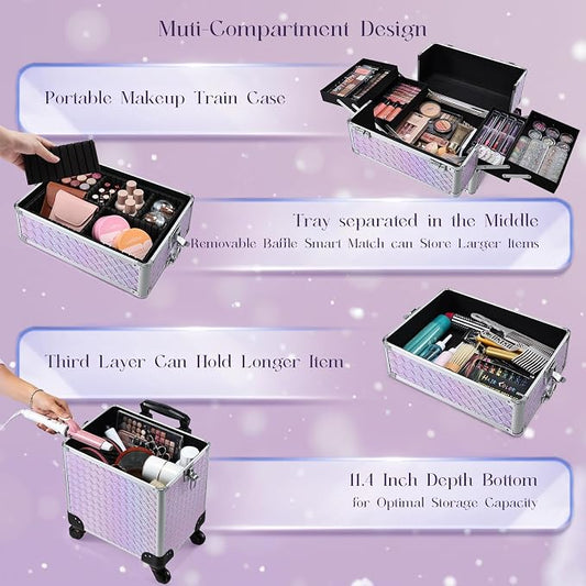 Stagiant Rolling Makeup Case Cosmetology Case on Wheels 4 in 1 Makeup Travel Case Extra Large Cosmetic Box with Key Make Up Artist Traveling Storage Nail Case Salon Barber Cart Trunk Pinkish Purple