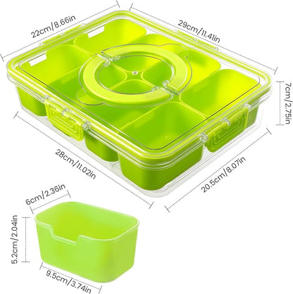 Divided Serving Tray with Lid and Handle - Snackle Box Charcuterie Container for Portable Snack Platters Organizer for Candy, Fruits, Nuts, Snacks - Perfect for Party, Entertaining, Green