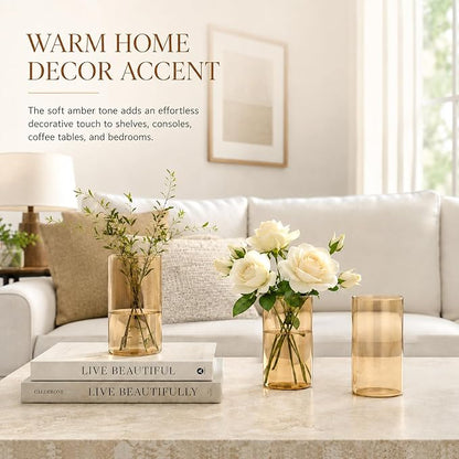 TBWIND 12pcs Gold Amber Glass Cylinder Vases for Centerpieces, 6 Inch Bulk Flower Vases for Wedding Decorations, Hurricane Candle Holder for Floating Candles and Table Home Decor