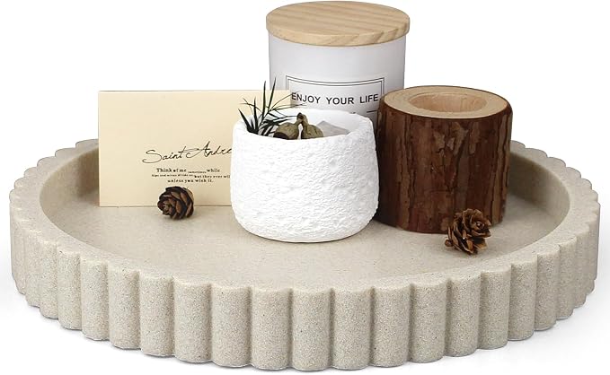 LIN CHUAN Decorative Coffee Table Tray, 11" Round Resin Coffee Table Centerpiece Tray for Home Decor, Modern Organizer for Living Room, Console or Dresser, Beige