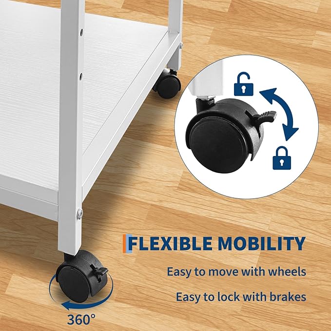 Garvee Under Desk Printer Stand, 2 Tier Printer Stand with Height Adjustable Storage Shelf, 20" Deep Large Rolling Printer Cart with Wheels for Home Office, White