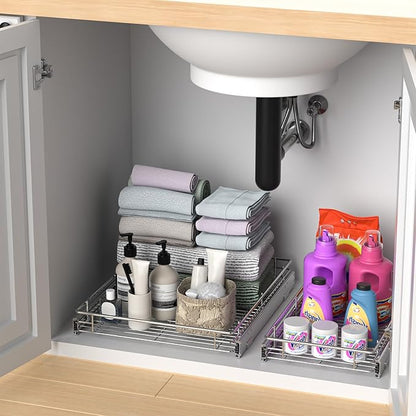 ZOINLIY Pull Out Cabinet Organizer, Versatile Slide Out Kitchen Organizers and Storage,Heavy Duty Drawer Cupboard Storage Basket, Smooth Sliding, Chrome Finish,11.8" W x 21" D