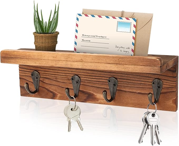 Rustic Key Holder for Wall, Farmhouse Wall Shelf with 4 Hooks, Wall Mounted Key Racks, Wooden Mail Organizer with Hooks for Entryway (Brown - Pine)