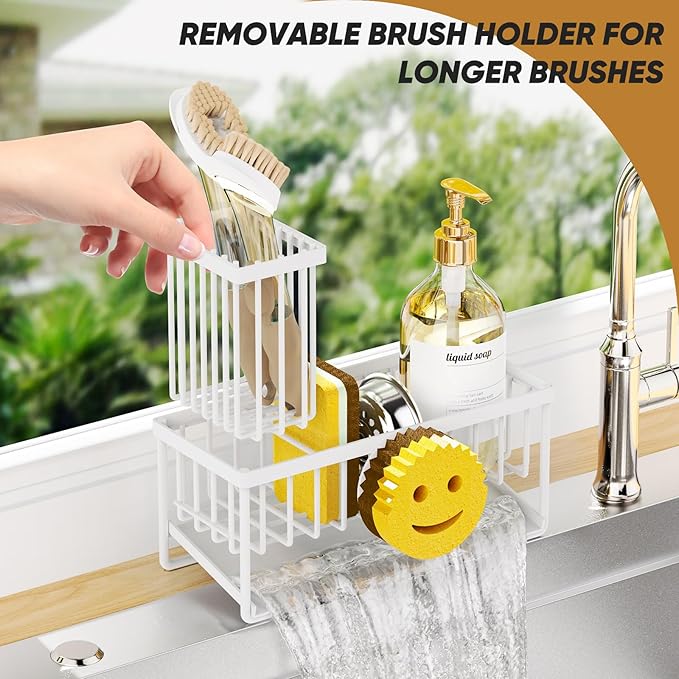 Taugast Sponge Holder for Kitchen Sink,Smiley Face Sink Caddy with Removable Brush Holder,Self-Draining Sponge Caddy for Soap,Dish Brush,Scrubber,Kitchen Essentials and Gadgets-White