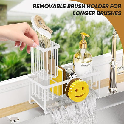 Taugast Sponge Holder for Kitchen Sink,Smiley Face Sink Caddy with Removable Brush Holder,Self-Draining Sponge Caddy for Soap,Dish Brush,Scrubber,Kitchen Essentials and Gadgets-White