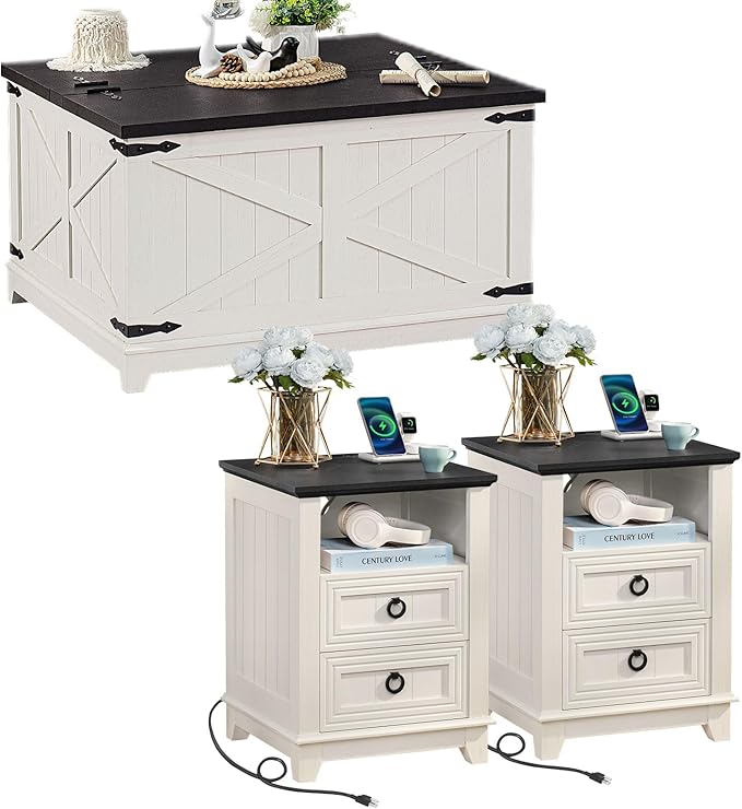 Farmhouse Coffee Table Set of 3, Furniture Set with Charging Station, Coffee Table with Hidden Storage Organizer and Nightsand 3-piece set, Country Center Table Set for Living Room,Office, Home