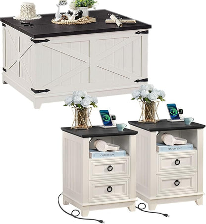 Farmhouse Coffee Table Set of 3, Furniture Set with Charging Station, Coffee Table with Hidden Storage Organizer and Nightsand 3-piece set, Country Center Table Set for Living Room,Office, Home