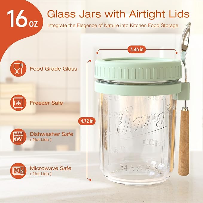 HomArtist 16oz Overnight Oats Containers with Lids and Spoons, 4 Pack Wide Mouth Mason Jars with Airtight Lids, Overnight Oats Jars for Salad, Chia Seed, Cereal, Yogurt